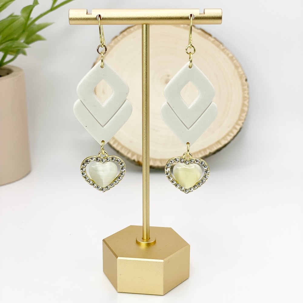 Handcrafted Two Diamond Pearl White Dangle Polymer Clay Earrings